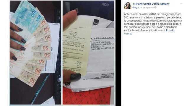 Post de Silviane Cunha após achar dinheiro e fatura perdidos