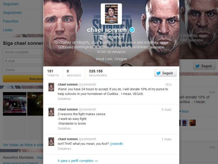 Chael Sonnen tinha voltado a ser notícia ao dar um ultimato para que Wanderlei Silva aceite enfrentá-lo no UFC, em agosto. De acordo com o americano em publicação em seu Twitter, se o curitibano aceitar na prazo, ele doará 10% de sua bolsa para uma escola em Las Vegas. Mas, claro, não faltou uma provocação extra, já que Wand mora nos EUA e, no modo de pensar de Sonnen, "abandonou" Curitiba...Relembre a seguir como começou a rivalidade entre os lutadores
