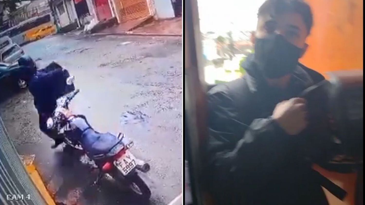 Homem chega em uma moto e entra na portaria. Ele agride a vítima com o capacete