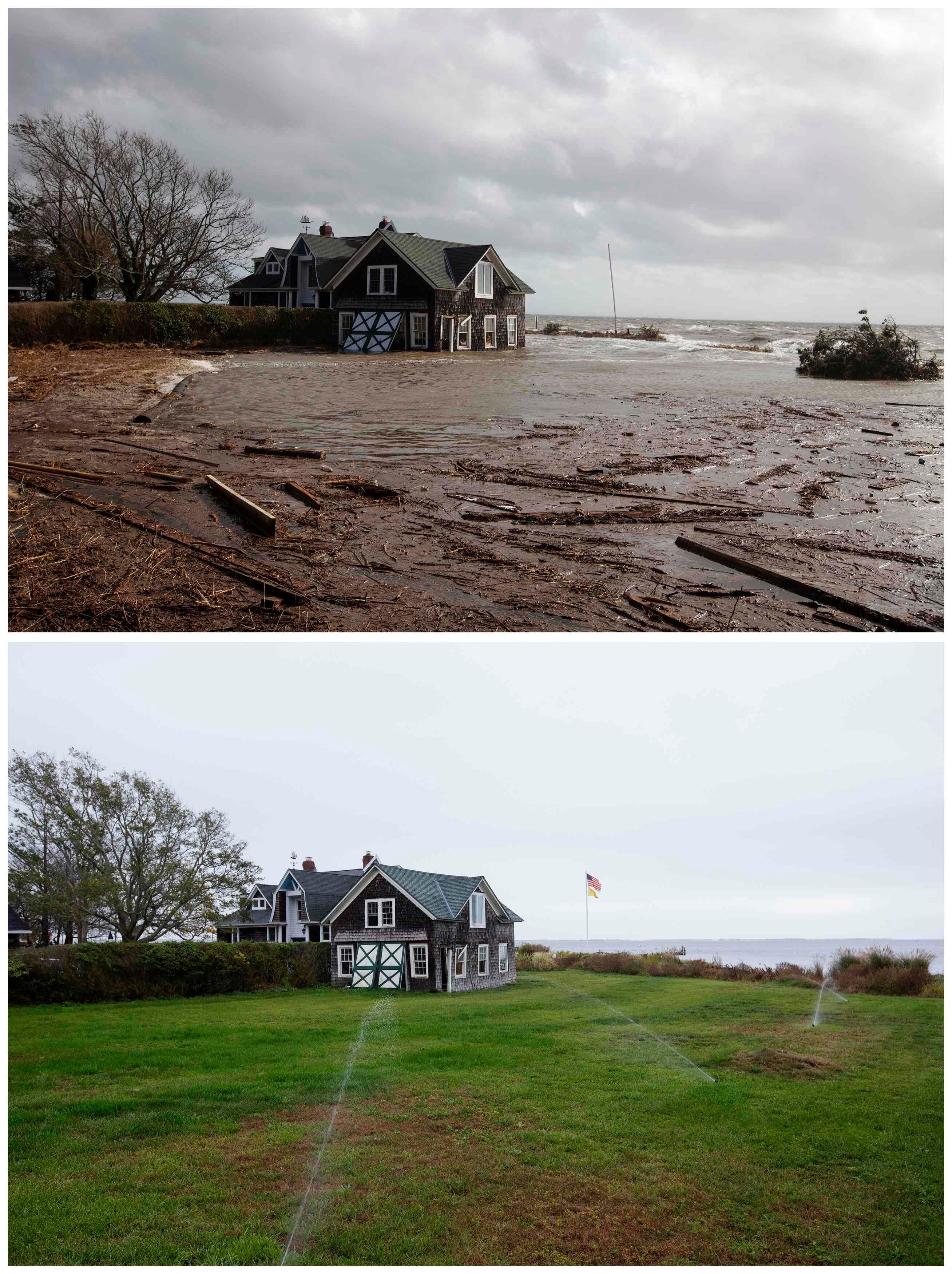 

Segundo Illya
Azaroff, um funcionário do Instituto americano de Arquitetos para o Design de Risco
e Recuperação, os proprietários de casas danificadas ainda não sabem como obter
os fundos disponíveis nem como utilizá-los da melhor forma, e para isso é
necessário um enfoque regional.



— Estamos mais
bem educados acerca de onde precisamos ir, mas há tantas dificuldades sobre
como reconstruir melhor se você é proprietário de uma casa.



No dia 30 de outubro de 2012, uma casa ficou ilhada em Bellport, Nova York. A mesma residência aparece abaixo, em 23 de outubro deste ano