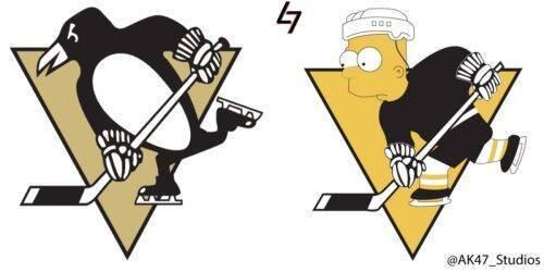 O filho rebelde, Bart substitui o pinguim do logo do Pittsburgh Penguins
