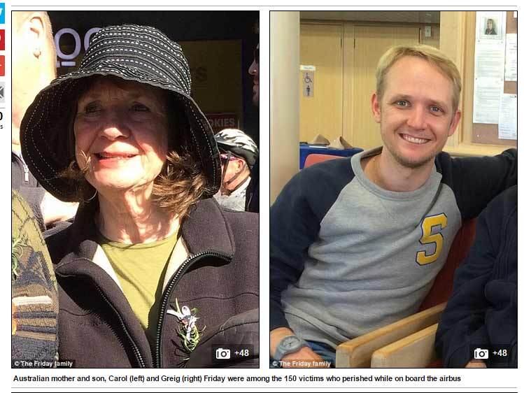 Carol e seu filho Greig, ambos australianos, viajavam juntos no avião da Germanwings

