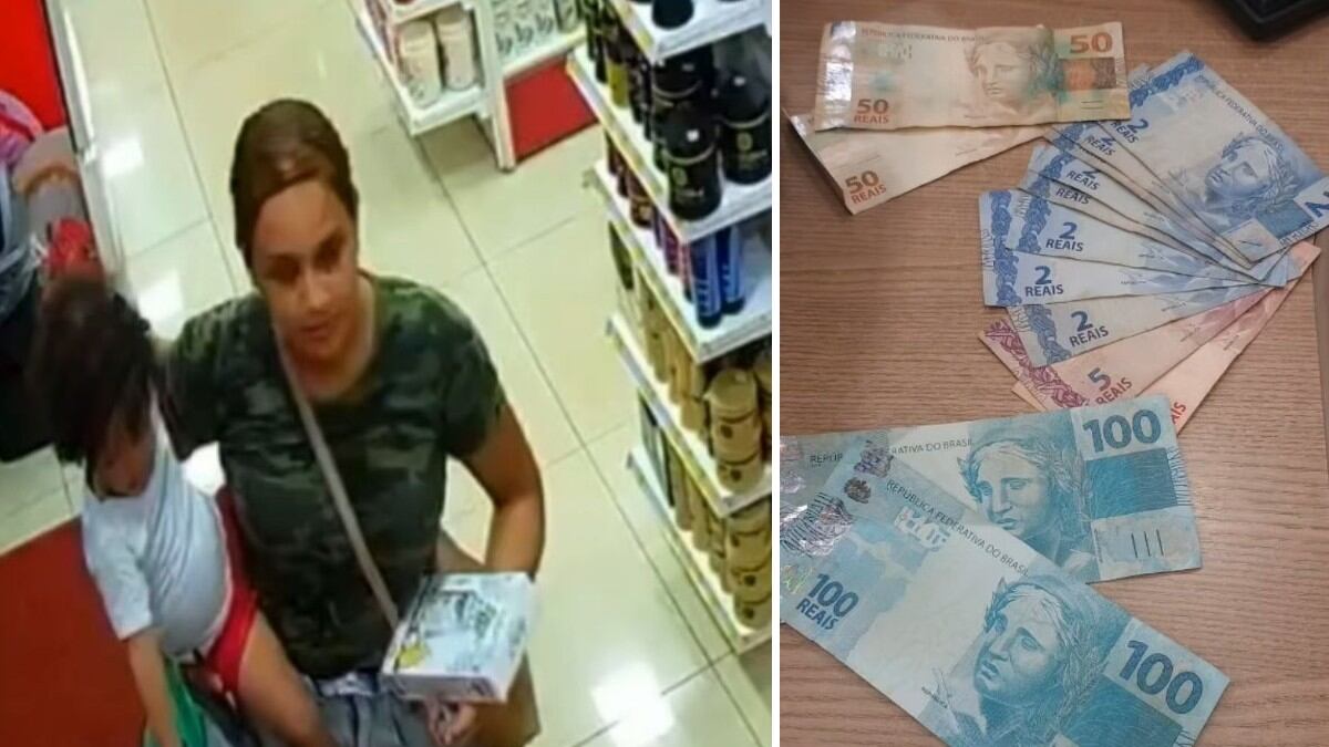 Montagem mostra mulher com filha no colo em farmácia, ao lado de notas de dinheiro