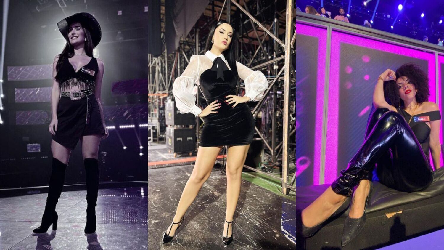 Looks pretos

No painel de jurados o estilo continuou presente! Paloma Marques apareceu na pegada country, com direito a chapéu, fivela e botas!

Na linha sexy, Talita Dias arrancou suspiros com vestidinho de veludo combinado com camisa branca de gola alta e mangas bufantes.

Já Laura Carolinah apostou na calça verniz e blusinha com decote transpassado. Linda, não é? 