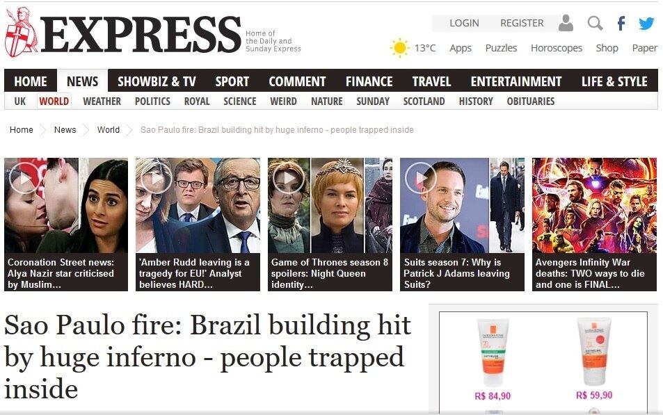 O portal britânico Express também classificou o incêndio como inferno e destaca o terror nas imagens e vídeos divulgados 