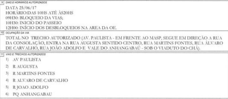 Documento mostra que a CET se responsabilizou pelo bloqueio das vias a partir das 9h30 de domingo