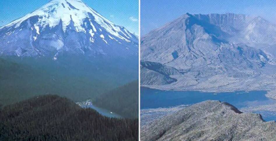 Nos EUA, um terremoto em 18/5/1980 acordou o vulcão no Monte Santa Helena, em Washington, que ficara adormecido por 120 anos (na foto, o monte antes e depois da erupção). Um tsunami de 249 metros matou 57 pessoas e milhares de animais. Prejuízo de US$ 2,9 bilhões (R$ 16,5 bi).