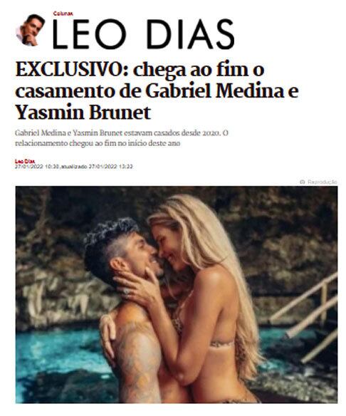 A relação de Gabriel e Yasmin sempre esteve em evidência porque ambos são famosos. Ele é um dos principais surfistas do mundo e ela é atriz e modelo, filha da também modelo Luiza Brunet. O casal sempre ficou em foco em portais de esporte e de celebridades.