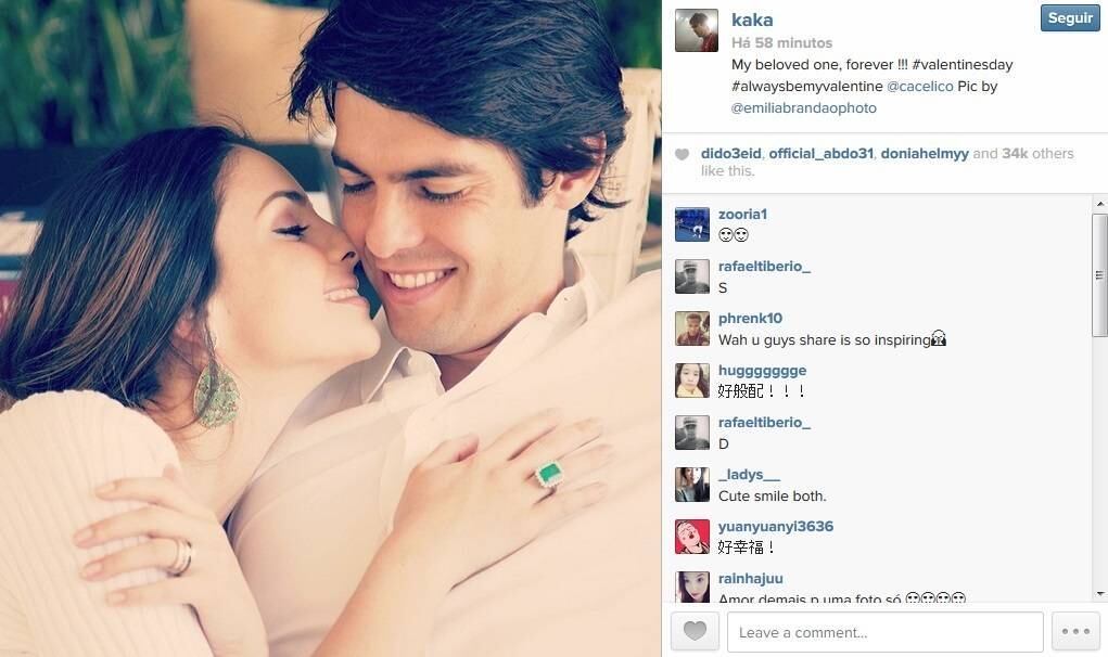 O amor está no ar e nas redes sociais! No Dia de São Valentim, data comemorativa na Europa e nos Estados Unidos equivalente ao Dia dos Namorados no Brasil, jogadores de todos os esportes, além de clubes de futebol, homenageiam as mulheres e celebram o amor em posts pra lá de românticos! Kaká postou uma foto com a mulher, Carol Celico, e em inglês escreveu: "Minha amada, para sempre! #valentinesday #seráminhanamoradaparasempre 