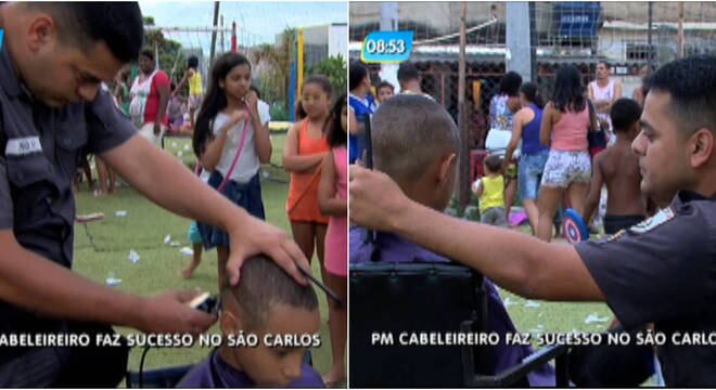 Soldado Pavão corta cabelo de crianças de graça nos horários livres