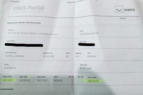 Imagem do holerite, cedida por profissional do Iabas, foi editada previamente por denunciante