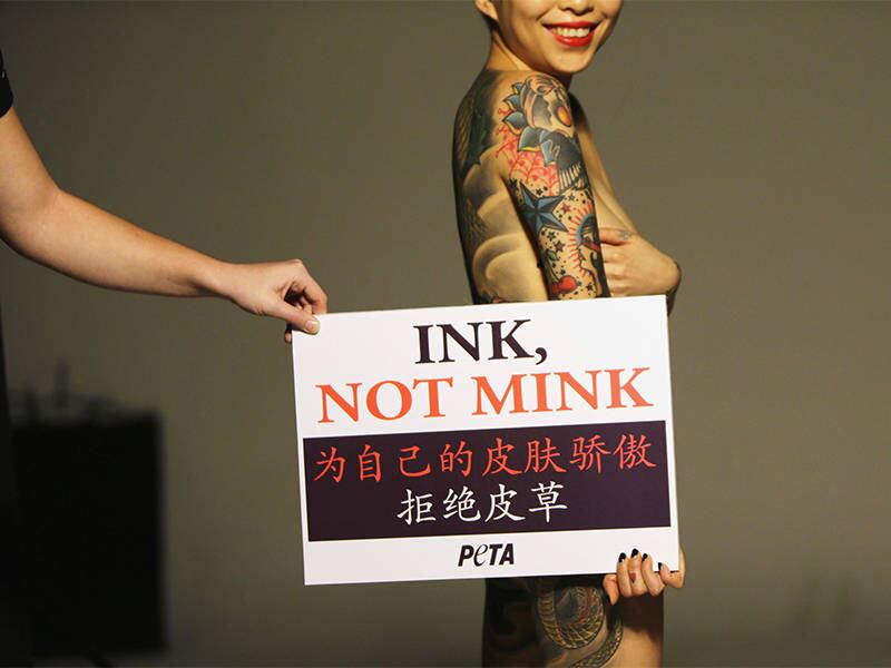Em Pequim, a tatuadora e modelo chinesa Wang Ke posa nua para a campanha Ink, Not Mink (Tinta, Não Pele de Marta), promovida pelo Peta contra o uso da pele do animal em roupas e acessórios