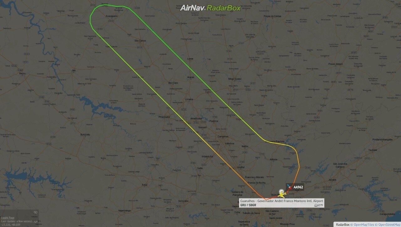 Rota percorrida pelo American Airlines em voo que deveria ter Dallas como destino