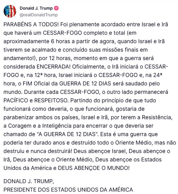 Anúncio foi feito por Trump em rede social