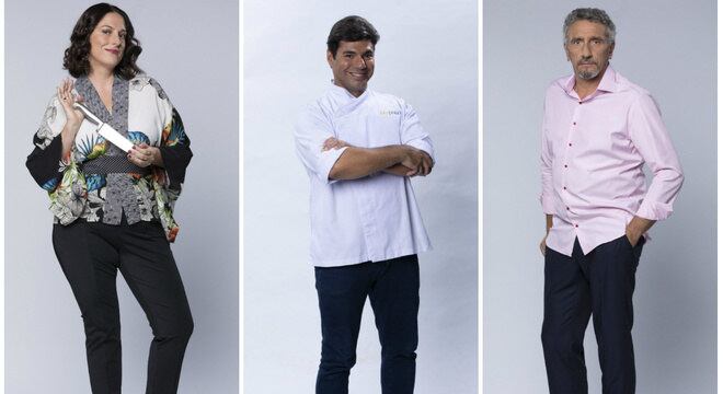 Felipe Bronze entre os jurados Ailin Aleixo e Emmanuel Bassoleil