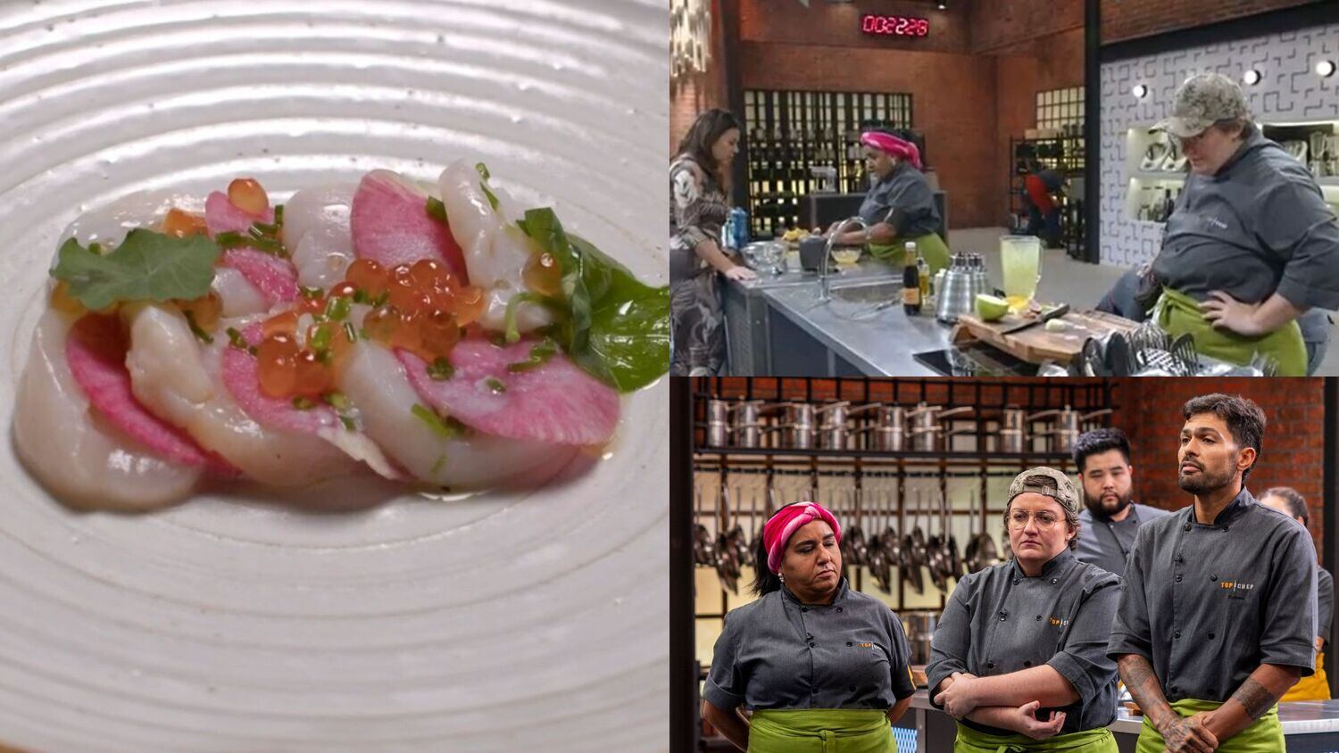 Por último, a equipe verde serviu tiradito de vieira marinado no mel de jataí e limão, rabanete melancia, capuchinha e ovas de salmão.
Janaina ficou contente com o resultado: "Prato delicado, básico, bonito e elegante", disse. Felipe também achou: "Muito bom o prato de vocês, sofisticado de provar, tem nuances de gostos", avaliou. Porém, Emmanuel não curtiu: "É um prato sem grande complexidade!"