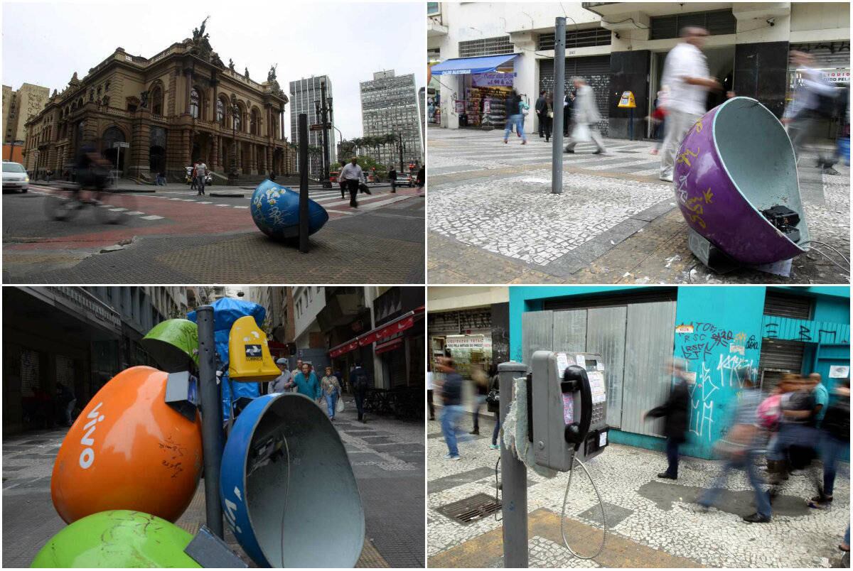 Um dia após o centro de São Paulo viver um dia de confronto por causa de protestos contra a reitegração de posse no hotel Aquarius, uma série de orelhões permaneciam destruídos na região