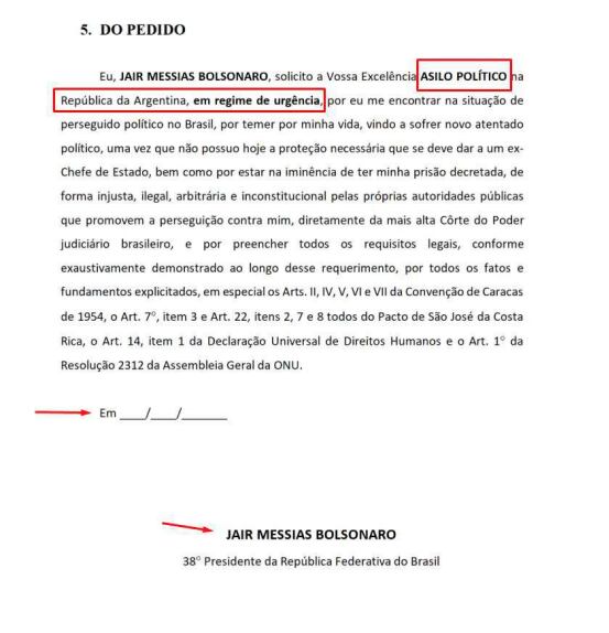 Documento encontrado pela PF no celular de Bolsonaro sobre um suposto pedido de asilo político na Argentina