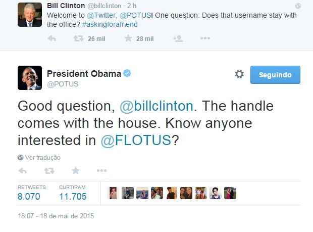 Logo que percebeu a iniciativa de Obama de criar a conta @POTUS, específica para a presidência, Clinton provocou o mandatário, em tom de brincadeira
