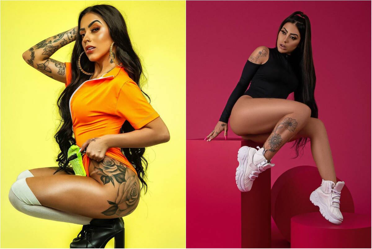 Quase um gibi, MC Mirella têm flores nas pernas e em uma sequência que vai das costas até o bumbum. E mais uma dezena de outras tatuagens espalhadas pelo corpo, a peoa não economizou espaço! 