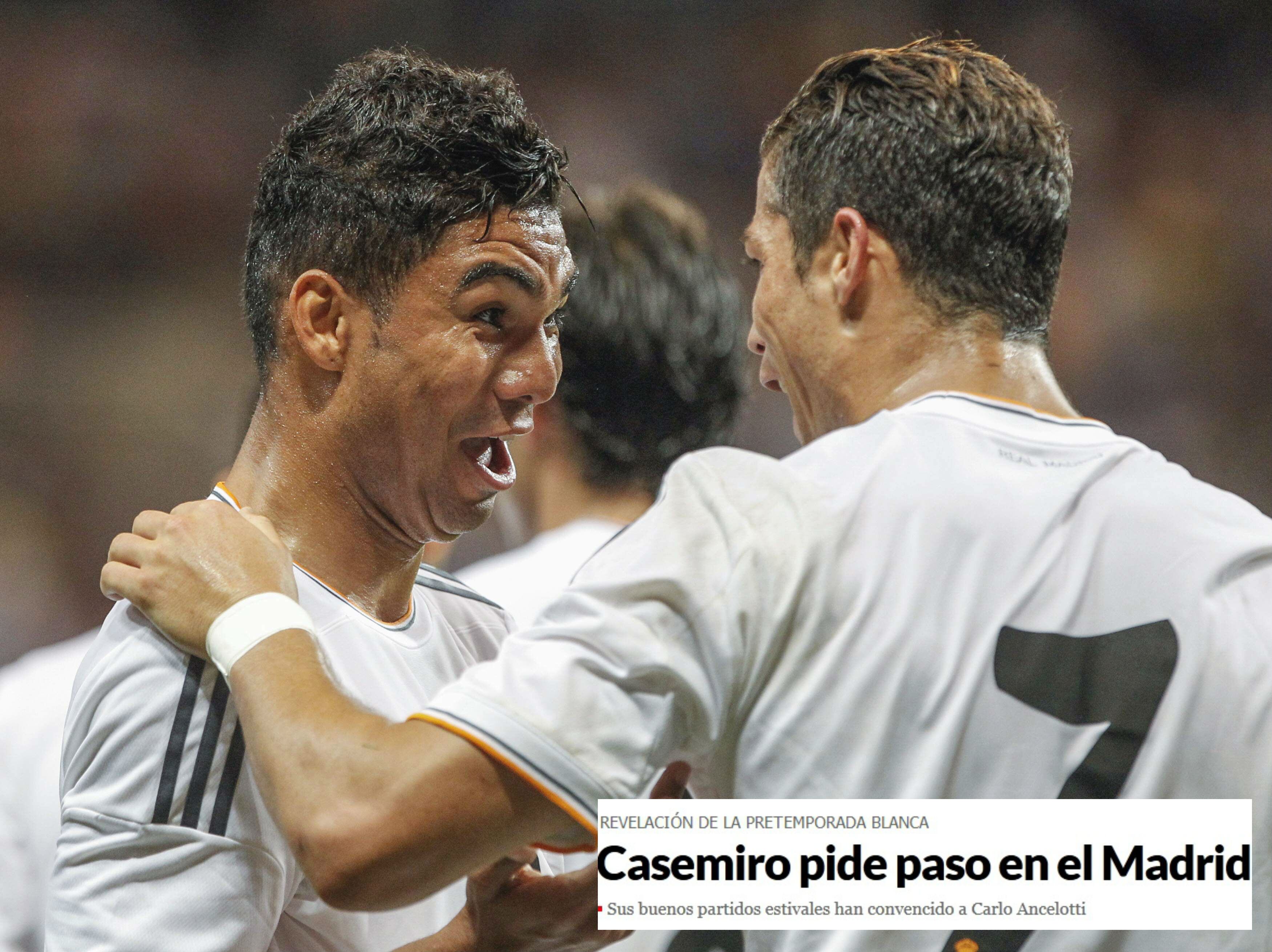 Casemiro, que já vinha chamando a atenção nos amistosos do Real, ficou ainda mais em evidência após atuar muito bem na vitória por 3 a 0 sobre a Inter de Milão no sábado (11). Na ocasião, ele deu uma assistência para o gol do badalado Cristiano Ronaldo, que fez questão de comemorar com ele. Não por acaso, o jornal esportivo "Marca" destacou que o ex-são paulino já "pede passagem" na primeira equipe blanca