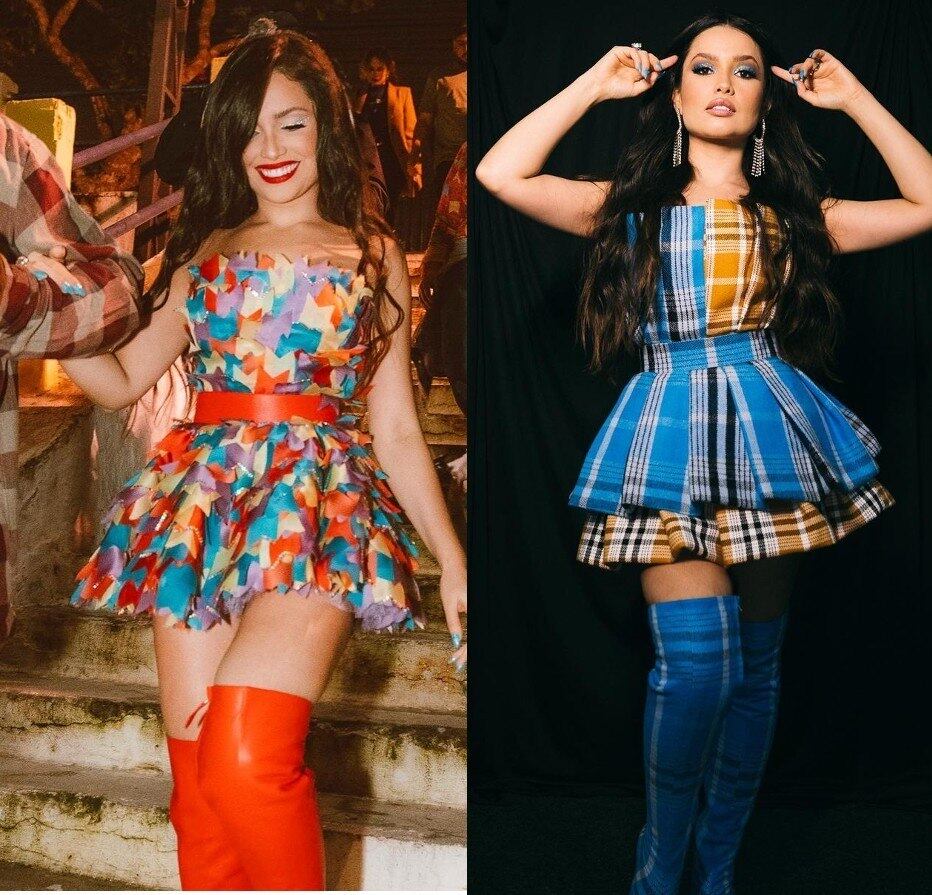 Juliette também deu um espetáculo à parte com os vestidos juninos que escolheu para os seus shows. Bastante criativo, o modelo da esquerda é todo feito com bandeirinhas. O da direita, com estampa xadrez, chama a atenção pelo contraste entre as cores azul e dourado, além da sobreposição de tecidos na parte de baixo. Outro destaque são as botas acima do joelho, um hit desta temporada de inverno