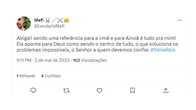Momentos antes de entrar no rio, Abigail aconselhou a irmã Timna (Lais Gavazzi) sobre os problemas no casamento com Eliabe (Alex Morenno). Os fãs admiraram a sabedoria e a fé em Deus da personagem, que também foi um exemplo para Ainoã (Jéssica Juttel) durante toda a série 