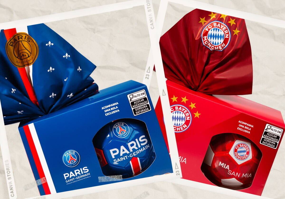 Os fãs do futebol europeu e de craques como Neymar, Messi, Mbappé e Mané podem aproveitar a
Páscoa para ganhar, além do chocolate, uma bola do Paris Saint-Germain ou do
Bayern München. Os produtos de 160g estão disponíveis nas lojas da Cacau Show, por R$ 89,90