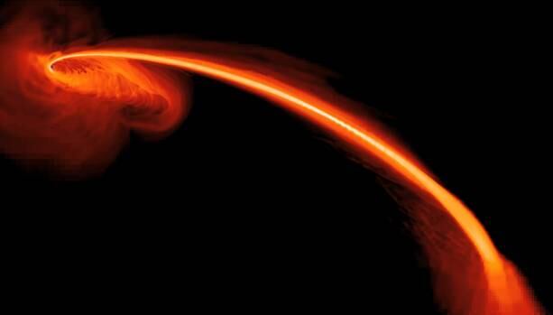 Gás de uma estrela caindo em um buraco negro. Uma parte do gás também está sendo expelida em alta velocidade no espaço