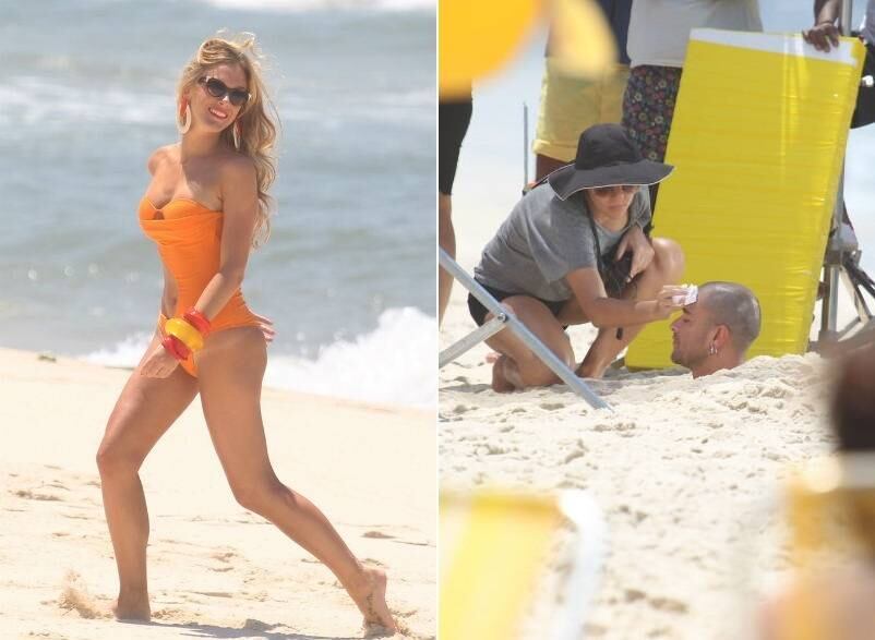 Fiorella Mattheis gravou sua participação especial em um clipe de Diogo Nogueira na praia da Reserva, no Rio de Janeiro, nesta segunda-feira (3). Para uma determinada cena do clique, Diogo Nogueira precisou ser enterrado na areia