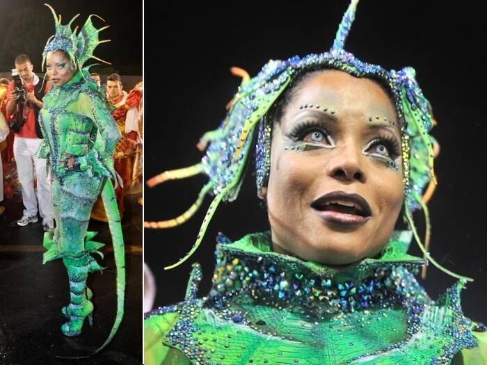 Adriana Bombom também foi assunto no Carnaval de 2011. O que mais se falou da fantasia de lagarto da dançarina foi o fato dela ser toda coberta. Bombom faz dieta especial para manter o corpo, malha bastante, mas acabou escondendo tudo na avenida