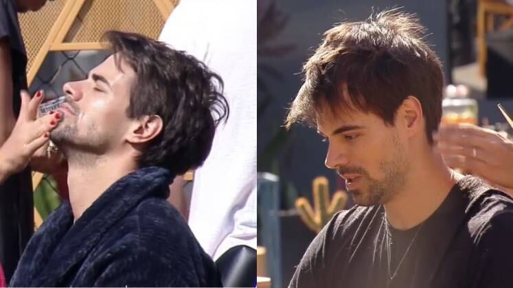 Leandro recebeu os cuidados da esposa. A atriz fez limpeza de pele no maridão, que também cortou os cabelos