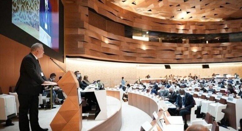 O ministro Marcelo Queiroga durante discurso na abertura da AMS, em Genebra

