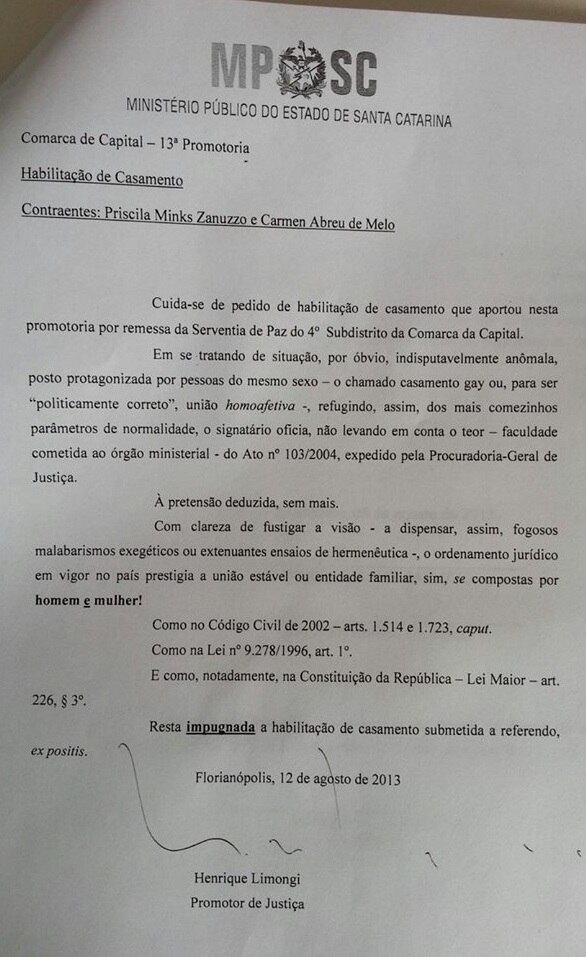 Ministério Público nega casamento gay em Santa Catarina