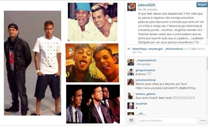 O "parça" Jô Amancio foi mais um dos amigos de Neymar a mostrar gratidão e emoção pela amizade com o camisa 10 da seleção brasileira