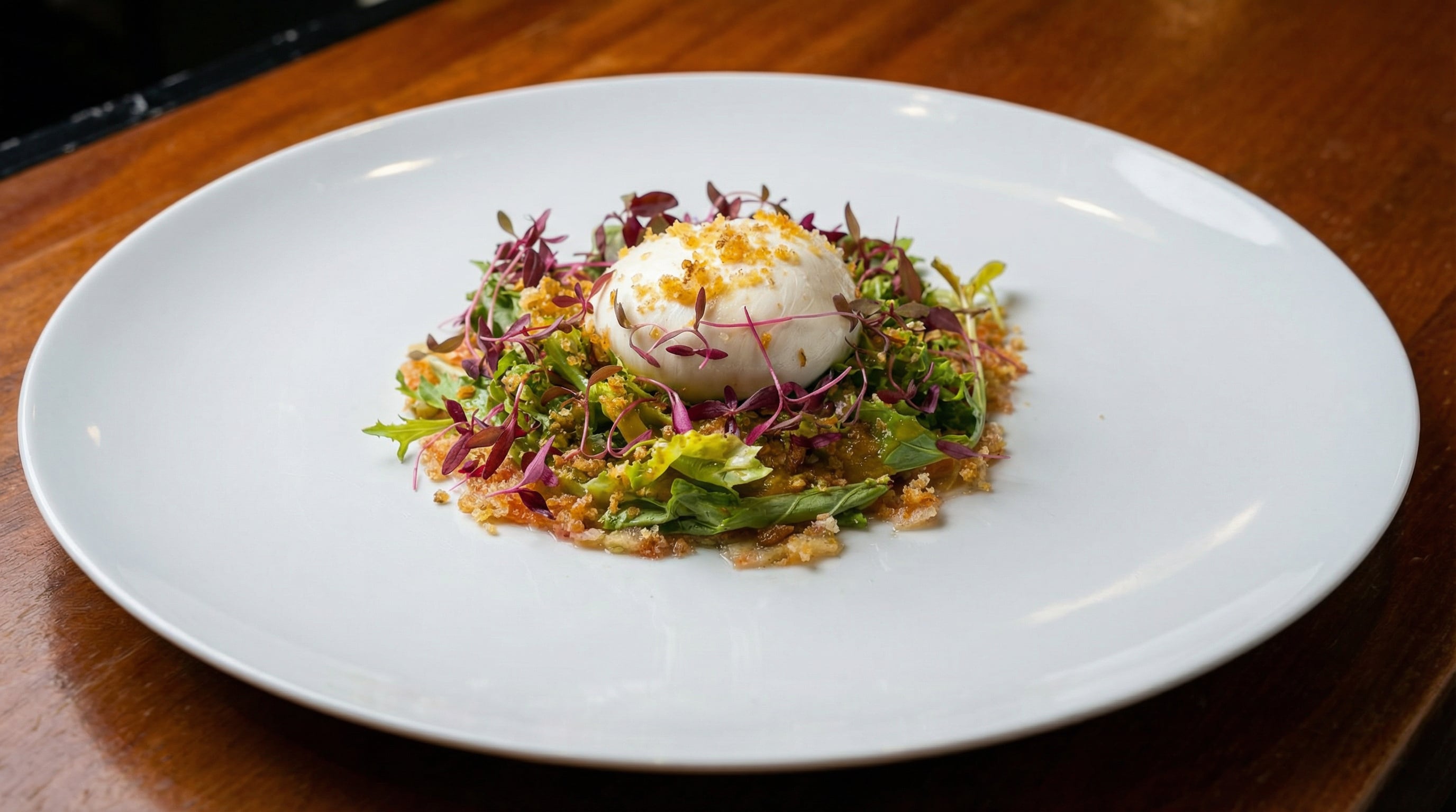 Dolcezza, o antepasto do restaurante Grotta, feito com carpaccio de figo, alface frizee, molho de mel trufado, burratina, citronete de limone e pangratatto de noz pecã