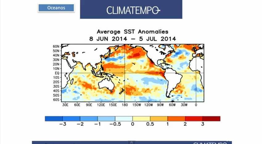 De acordo com o CPTEC (Centro de Previsão de Tempo e Estudos Climáticos), os modelos de previsão climática indicam que o fenômeno El Niño, atualmente em curso no Pacífico Equatorial, deverá apresentar intensidade de fraca a moderada durante o segundo semestre de 2014