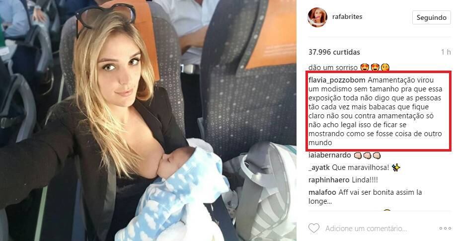 Uma foto de Rafa Brites amamentando o filho recém-nascido no avião virou polêmica entre internautas nas redes sociais na tarde desta sexta-feira (28). Uma seguidora criticou a exposição da apresentadora ao alimentar a criança publicamente.

— Amamentação virou um modismo sem tamanho pra que essa exposição toda não digo que as pessoas tão cada vez mais babacas que fique claro não sou contra amamentação só não acho legal isso de ficar se mostrando como se fosse coisa de outro mundo