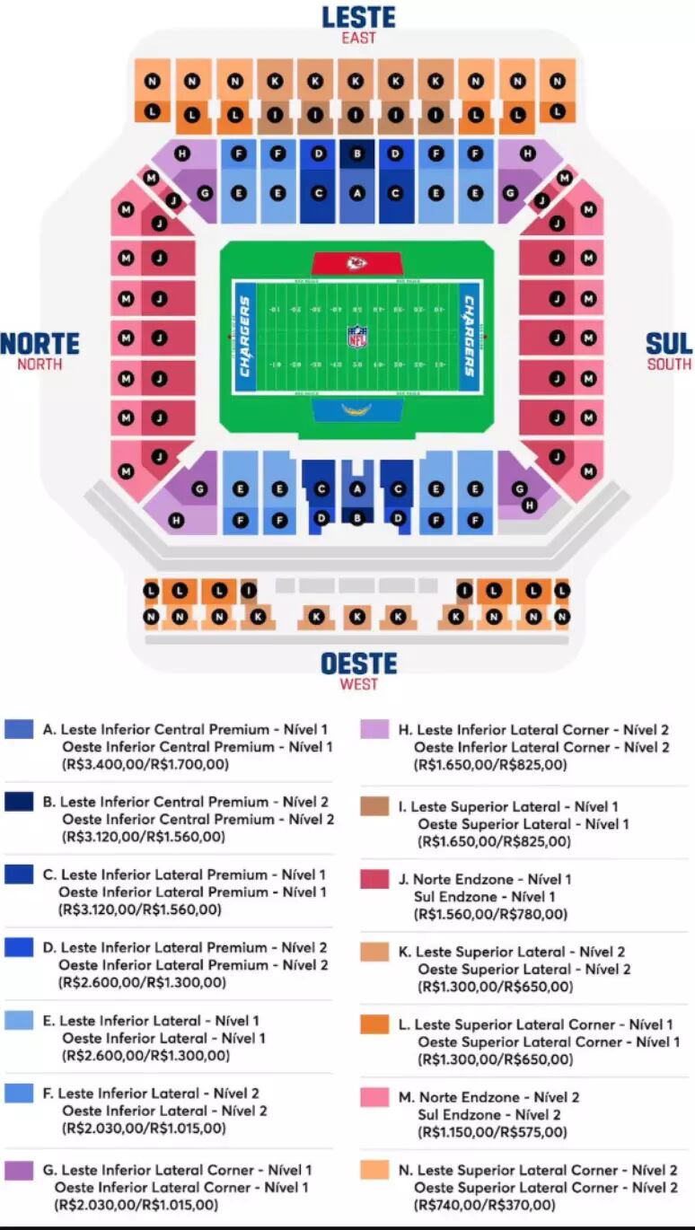 Mapa da divisão por setores da Neo Química Arena, em SP, para partida da NFL