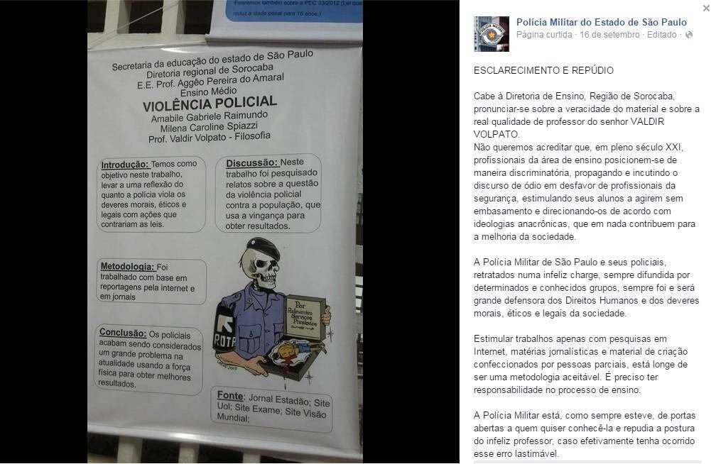 PM publicou o trabalho escolar e uma nota de repúdio contra a pesquisa escolar feita por alunas do ensino médio de Sorocaba