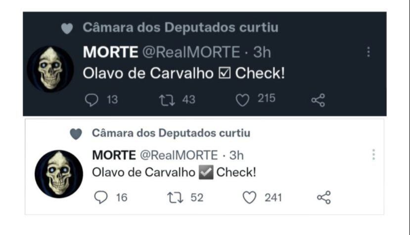 Tuíte curtido pelo perfil da Câmara sobre morte de Olavo de Carvalho