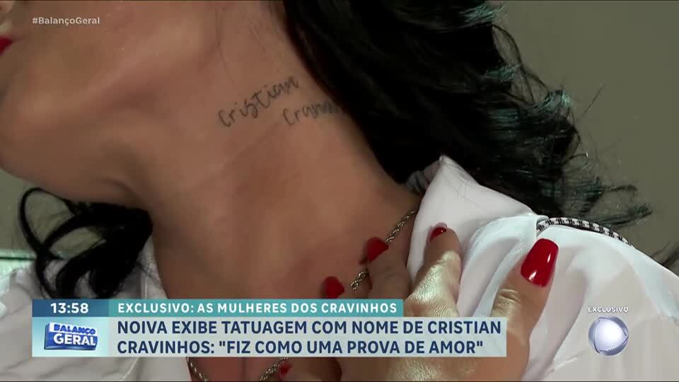 Exclusivo: Noiva de Cristian Cravinhos exibe tatuagem com o nome dele no pescoço