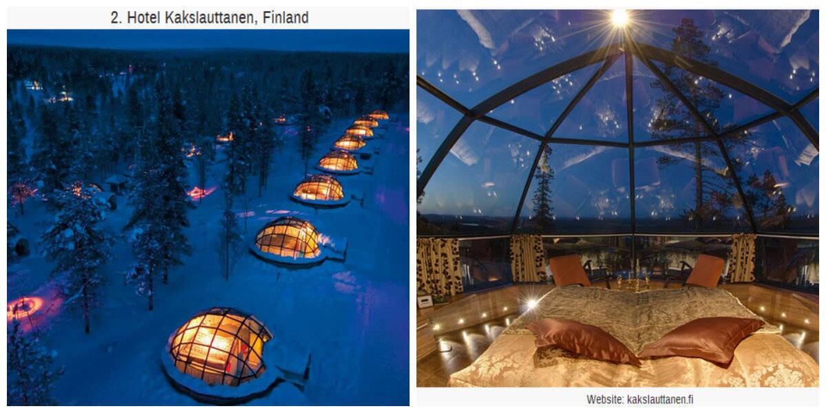 O segundo hotel da lista é o Hotel Kakslauttanen, na Finlândia. Nele, os hóspedes podem escolher entre aconchegantes quartos tradicionais, mas o mais procurado é o iglu. Apesar de a temperatura externa ser muito baixa, os visitantes desfrutam de um clima agradável dentro do local.

O hotel também oferece um safári com cachorros da raça husky e visitas à casa do Papai Noel
