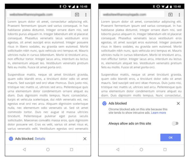 Para o usuário, o navegador exibirá um aviso que o site que ele está acessando conta com anúncios intrusivos. Embaixo da mensagem, um botão que permite bloquear todos eles