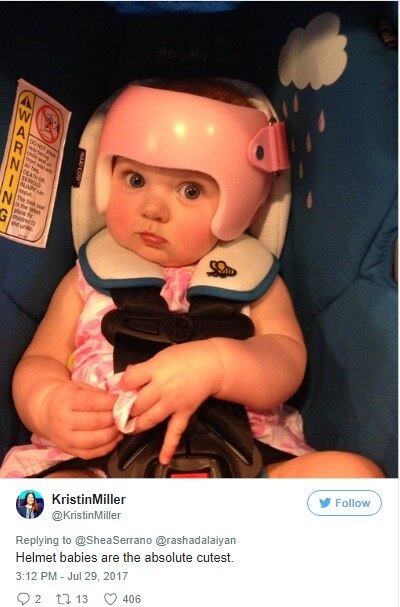Depois do tweet
as pessoas ficaram comovidas e compartilharam fotos de bebês usando capacete. "Bebês com capacete são absolutamente os mais fofos", diz o tweet