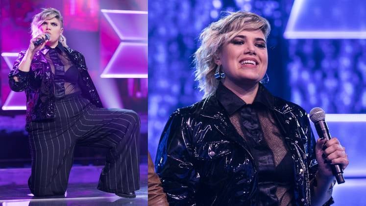 Cheia de marra e muito estilo, Maza escolheu um look que combinasse com sua apresentação. A competidora apostou no all black e usou uma calça alfaiataria, camisa transparente e jaqueta para sobrepor. O figurino deu um ar bem rock and roll!