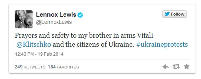 Através da internet, esportistas do mundo todo — como é o caso do ex-pugilista e ex-campeão dos pesados, Lennox Lewis — manifestam apoio à causa de Klitschko.

Veja mais aqui: Ex-boxeador Vitali Klitschko está no meio de conflito político na Ucrânia