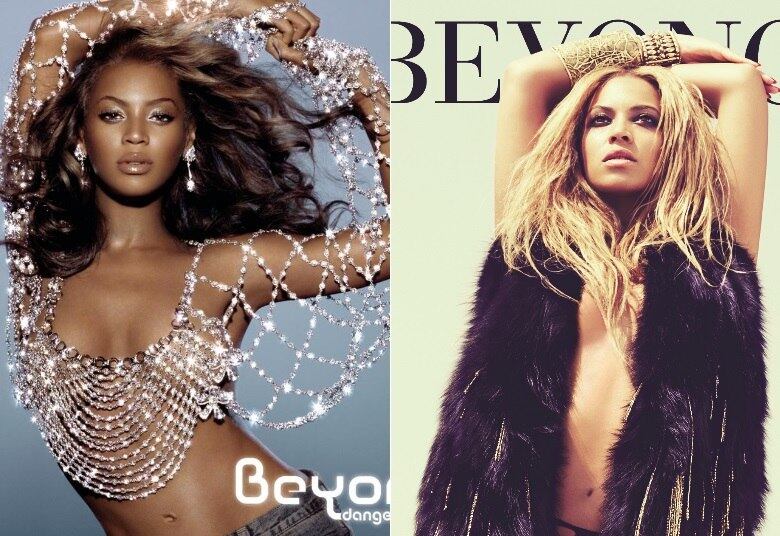 Beyoncé — 4 (2011) e Dangerously in Love (2003)
Alguns artistas já sensualizaram mais de uma vez, como a Beyoncé. Em Dangerously in Love, seu primeiro CD solo, Beyoncé usou uma blusa metálica que quase deixa seus seios à mostra, mas os "brilhos" da roupa escondem um pouco. No 4, ela usa apenas uma espécie de colete peludo