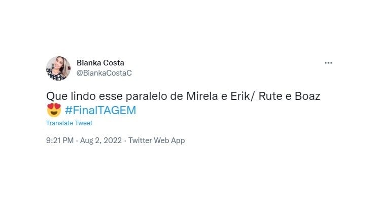 Outro momento também encantou os internautas: foi traçado um paralelo entre as histórias de Mirela e Erick e dos personagens bíblicos Rute e Boaz. A influenciadora digital se lembrou de Rute e seguiu os passos dela