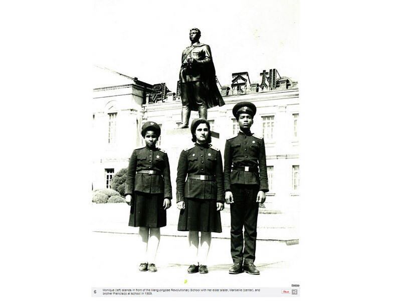 Na Coreia do Norte, Monique estudou na Escola
Revolucionária Mangyongdae, juntamente com o irmão Francisco (direita) e a irmã
Maribelle (centro). Lá, aprendeu a atirar, a emboscar inimigos e toda a
ideologia do Estado norte-coreano 
